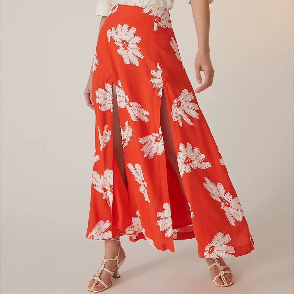 Anthropologie Maeve Floral A Line Double Slit Midi Skirt Orange Red White Size 8